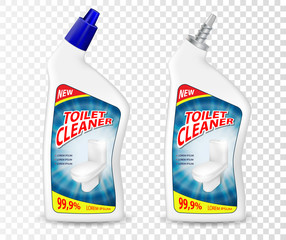 Realistic template Toilet Cleaner gel package. Plastic bottle container mockup with disinfectant liquid. Vector illustration isolated on transparent background