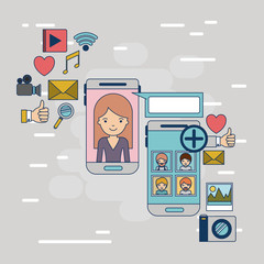 multimedia application icons with set device tech smartphone communication between woman and social people on colorful decorative background