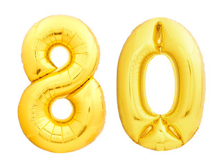 Golden number 80 eighty made of inflatable balloon