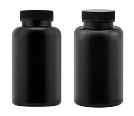 Black plastic bottle isolated on white background.