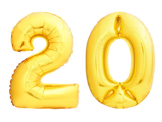 Golden number 20 twenty made of inflatable balloon