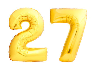 Golden number 27 twenty seven made of inflatable balloon