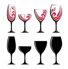 four color different glass of red wine or cherry juice. Black silhouettes of glasses. Vector illustration of glasses of water. Symbol glass flat style.