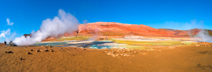 Panoramic view of geothermal active zone Hverir on Iceland
