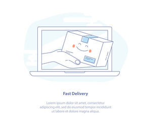 Fast Express Online Delivery Service. Hands holding a cute Packaging Box out of laptop screen. Isolated Vector Illustration.
