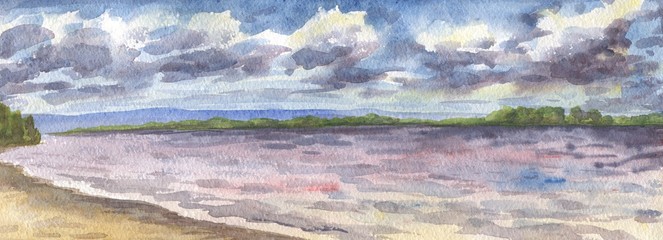 Panoramic landscape, watercolor painting
