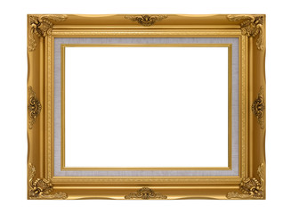 Blank antique golden frame isolated on white background. Golden picture frame.
