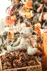christmas decorative gifts toys and tree in background holiday concept