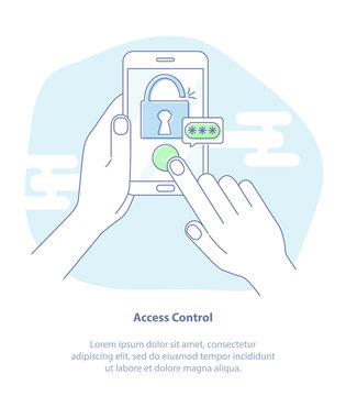 Hands with mobile phone unlocked with fingerprint button and password notification vector. Concept of security, personal access, authorization, login, protection technology