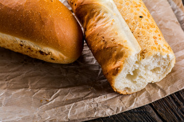Baguette bread on wooden table