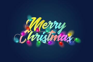 Merry Christmas colorful text title with bautiful garland lights. Holiday vector illustration. Shiny lettering composition