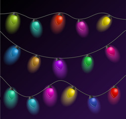 Set of multicolored garlands. Beautiful holidays decorations. Christmas lights on dark background. Vector illustration