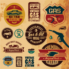 Vintage gasoline retro signs and labels. Gas station.