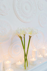 A photo of a gentle tall bouquet in a simple vase on a bright white background with a lot of candlelight. Christmas bouquet of flowers.