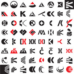K and C letter vector sign collection. Abstract vectors set.