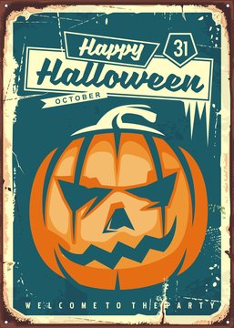 Happy Halloween retro sign. Vintage illustration for Halloween party with pumpkin head 