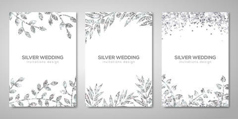 Fototapeta na wymiar Banners set with silver floral patterns on white