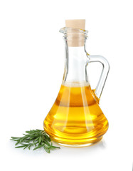 Jug with rosemary oil and herb on white background