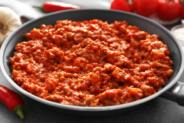 Meat sauce in frying pan, closeup