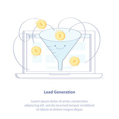 Flat line doodle vector illustration of Lead generation, Sales funnel, Marketing process for generating internet business leads. Sales funnel and laptop. Isolated vector illustration.
