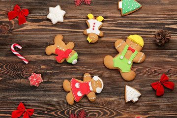 Tasty Christmas homemade cookies on wooden background