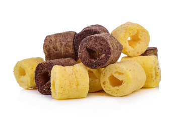 Crunchy corn and chocolate snacks on a white background.