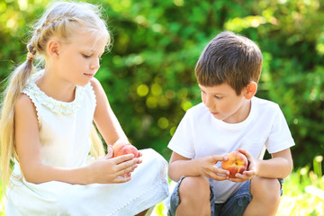Cute little children with peaches outdoors