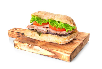 Wooden board with yummy steak sandwich, isolated on white