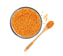 Bowl and spoon with healthy lentils, isolated on white