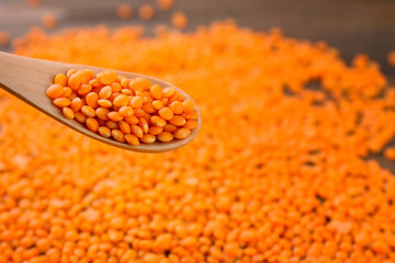 Spoon with healthy lentils, closeup