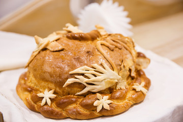 Russian wedding bread with salt. Russian wedding ceremony
