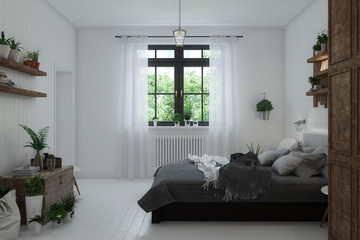 3D Interior rendering of a white bedroom