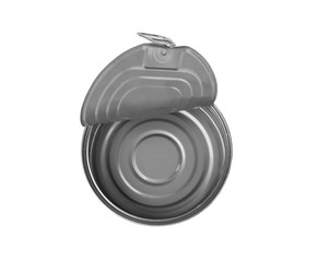 Opened tin can on white background
