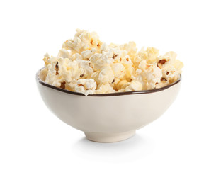 Bowl with popcorn on white background