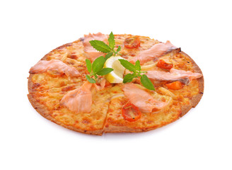 Pizza smoked salmon and lemon on white background