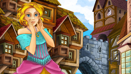 Obraz na płótnie Canvas Cartoon scene of beautiful princess in the old town - castle in the background - illustration for children