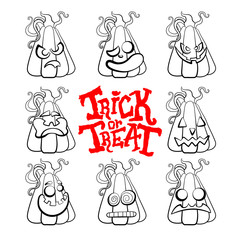 Vector set of outline illustrations of a pumpkins lanterns for Halloween with emotions on a white background. Trick or treat