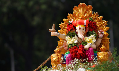 
Hindu devotees bring Ganesha Idol for immersion in water body on 11th day of Ganesha Chathurthi festival celebration,annual ritual
