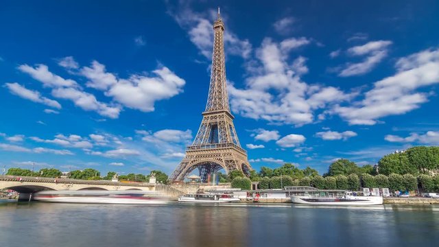 The Eiffel tower timelapse hyperlapse from embankment at the river Seine in Paris