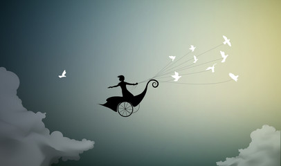 girl is flying on fairy carriage and holding flock of pigeons, fly to the sun, - obrazy, fototapety, plakaty