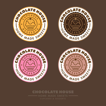 Chocolate house logo. Cupcakes and desserts emblem. Cafe label. Сupcakes and letters in a colorful circle on a brown background