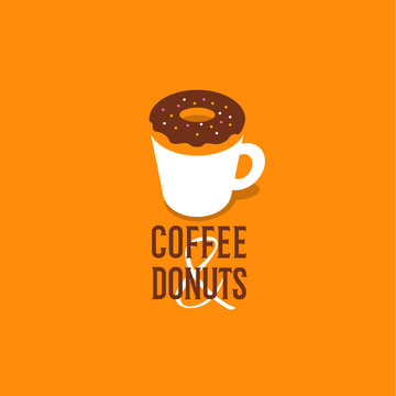 Coffee and donut. Cafe emblem. Cup and donut on a yellow background.