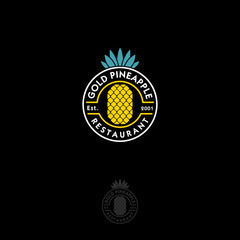 Gold pineapple logo. Restaurant emblem. Pineapple with letters in a circle on a dark background. Stamp logo.