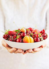 Mani di donna caucasica che reggono un piatto di frutta fresca estiva