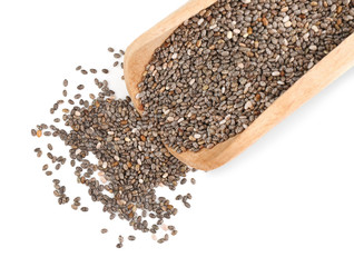 Wooden scoop with chia seeds on white background