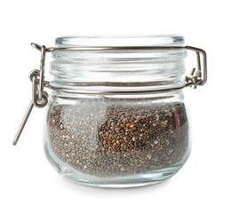 Jar with chia seeds on white background