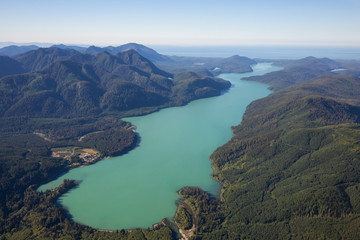 Fototapeta na wymiar Aerial view of Nitinat Lake during a vibrant summer day. Located in Vancouver Island, British Columbia, Canada.