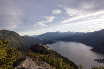 Beautiful sunset view of Howe Sound from the top of Chief Mountain. Taken in Squamish, North of Vancouver, British Columbia, Canada.
