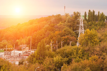 substation on sunset background,