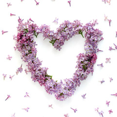 frame in the form of heart fresh lilac flowers on white, flat lay, top view.